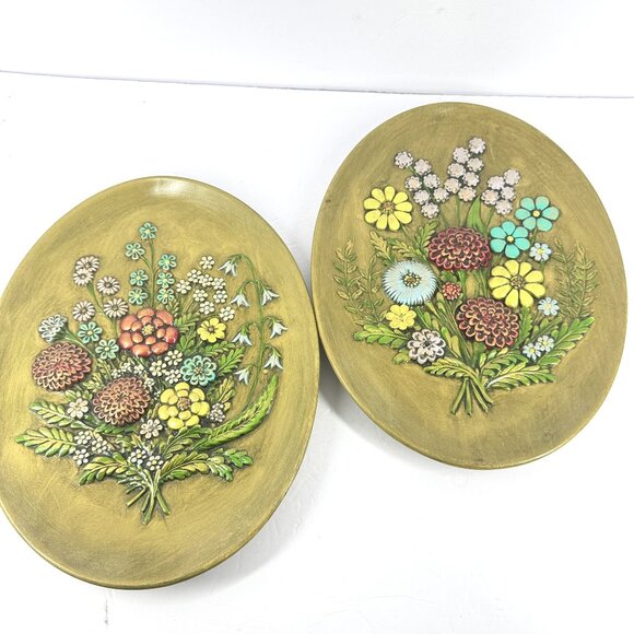 Atlantic Mold 1970s Floral Plaques Set 2 Hand Painted Vintage Retro Cottagecore - Picture 1 of 6